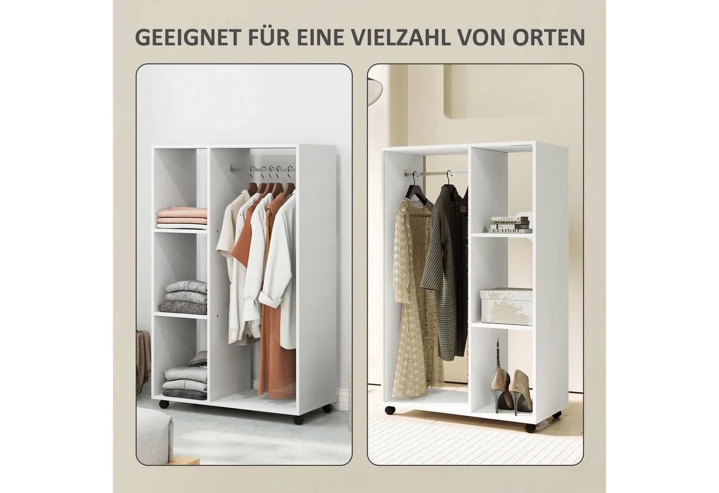 HOMCOM Garderobenschrank Weiß mit Rollen und 3 Regalen - Bild 4