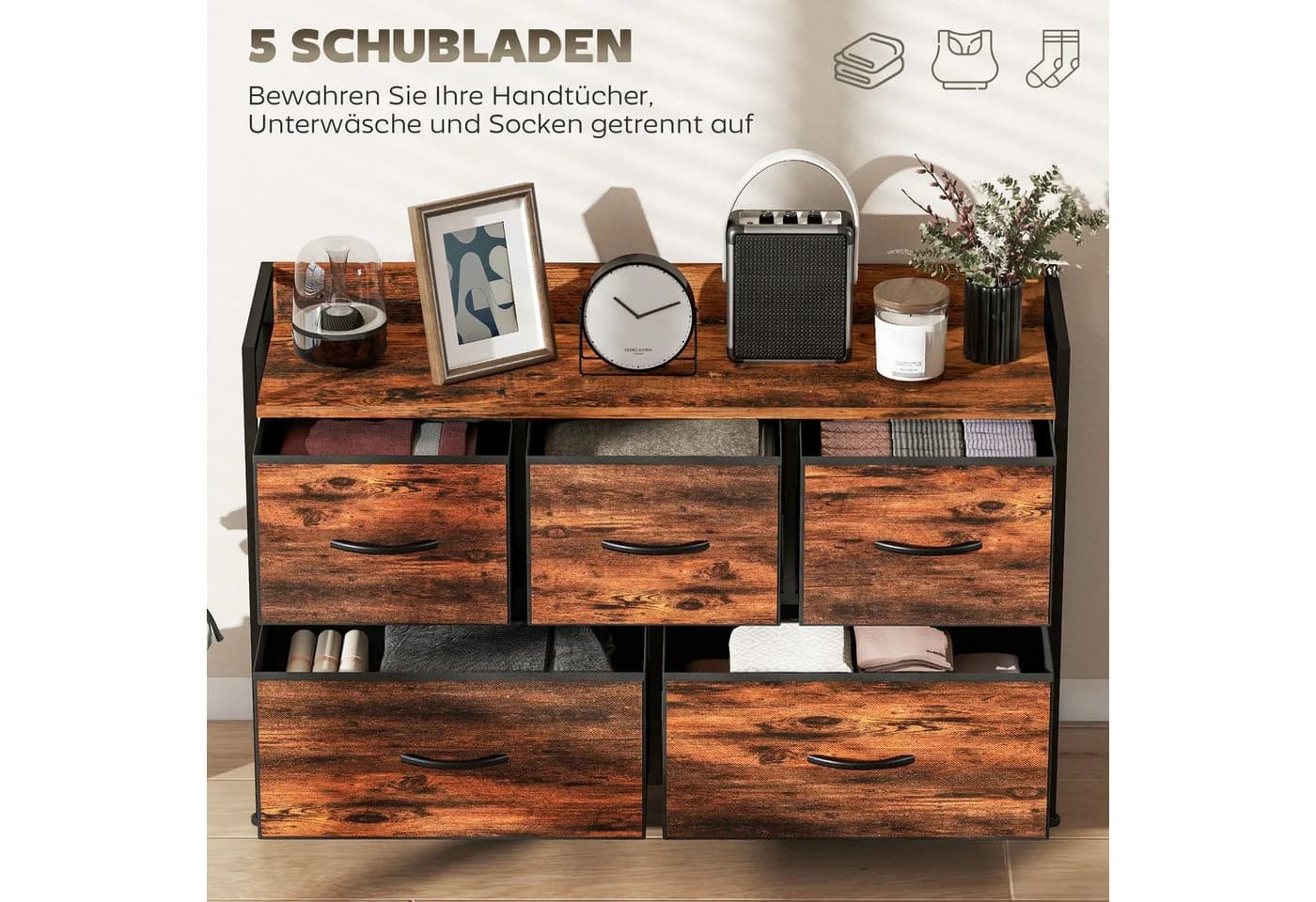 HOMCOM Kommode Aufbewahrungsschrank Rustikal-Braun Stahlrahmen - Bild 4