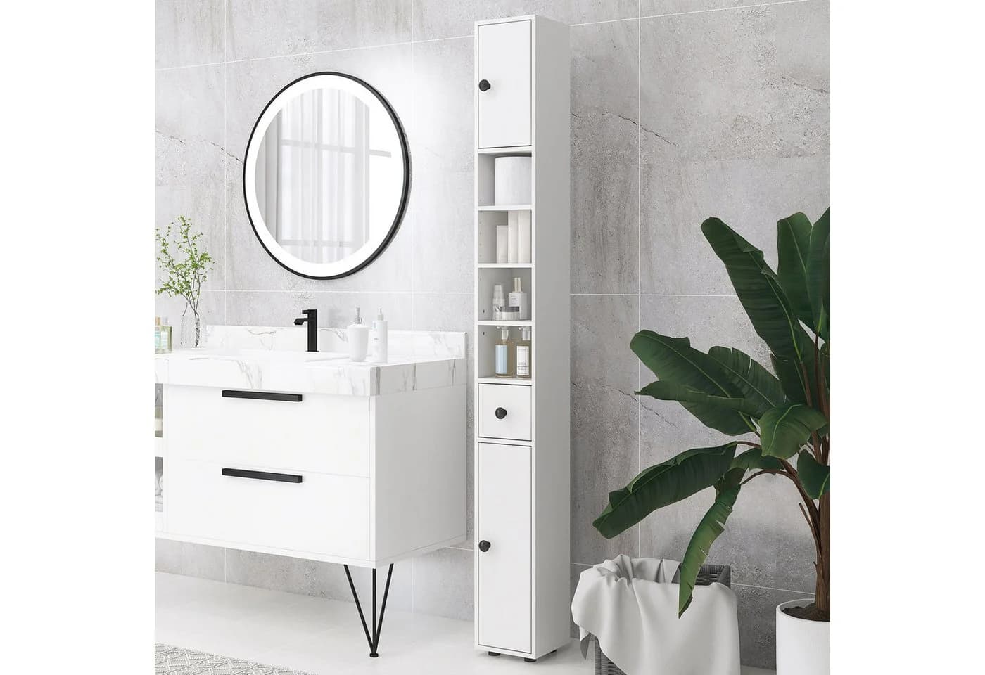 Kleankin Hoher Badezimmerschrank Weiß mit Schublade - Bild 2