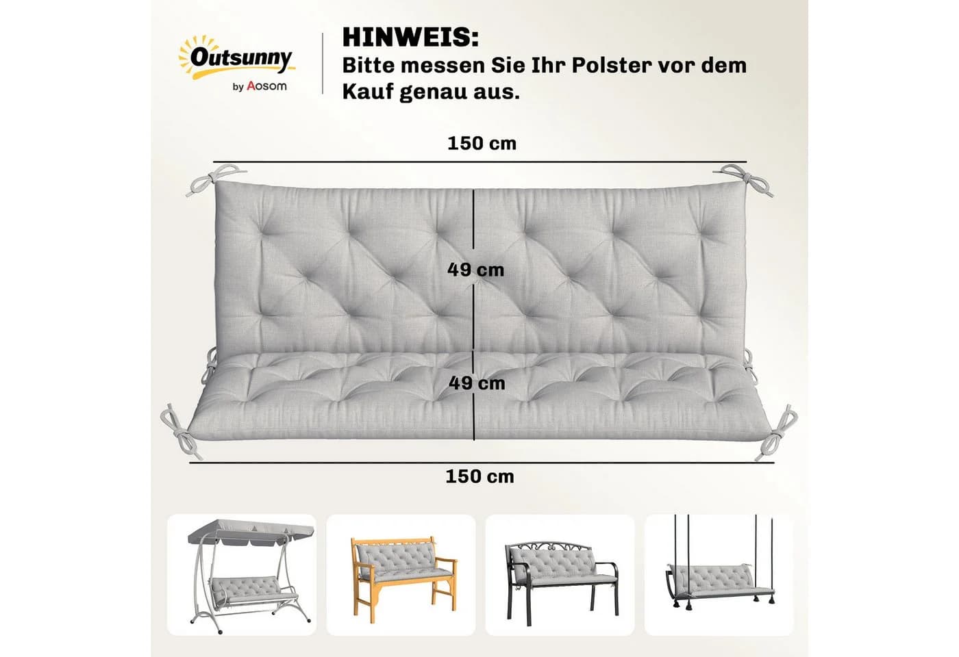 Outsunny Bankauflage Hellgrau mit Bändern für 3-Sitzer Gartenbank - Bild 3