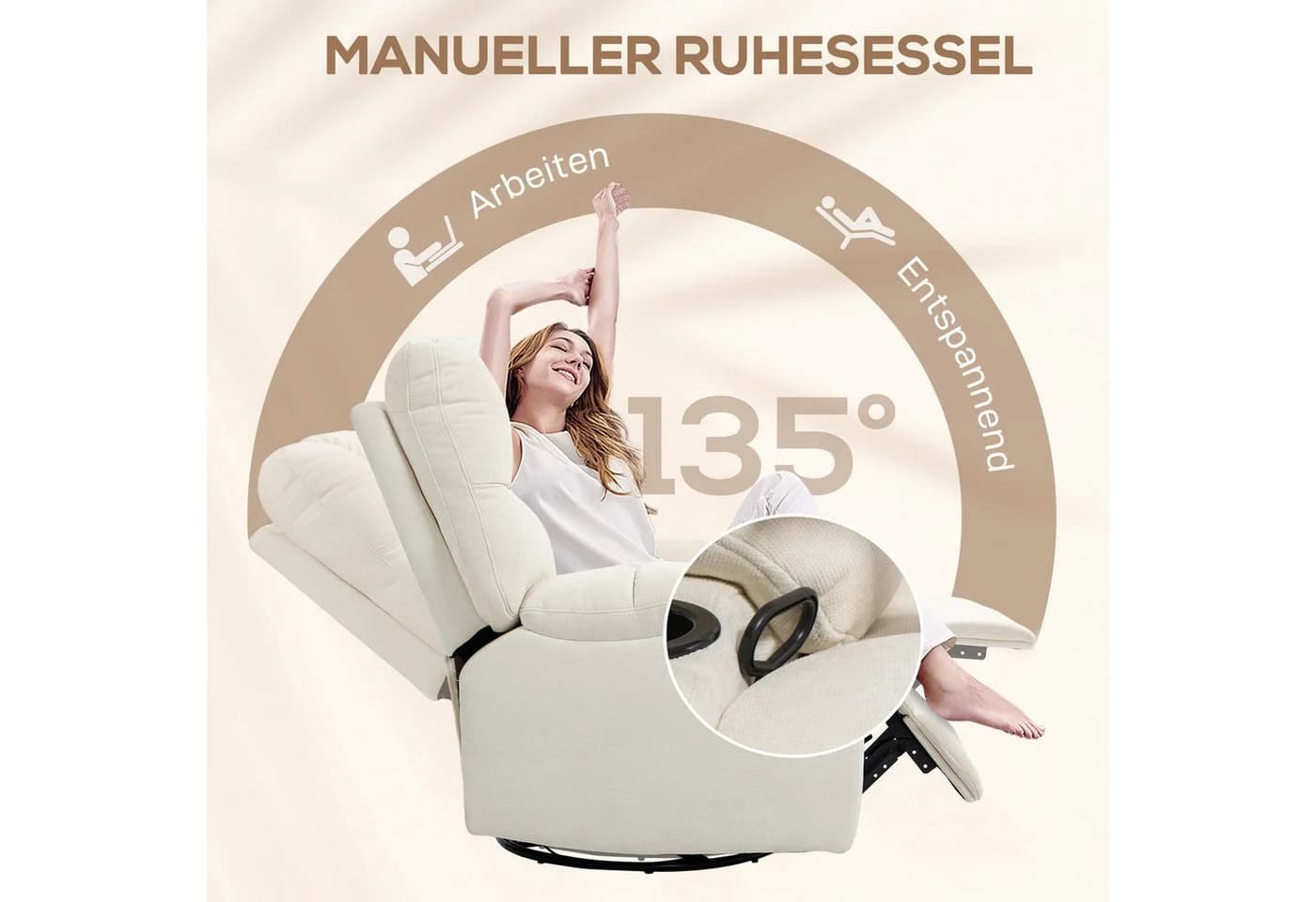 HOMCOM Relaxsessel Fernsehsessel mit Liegefunktion, Schaukelfunktion, Beige - Bild 4