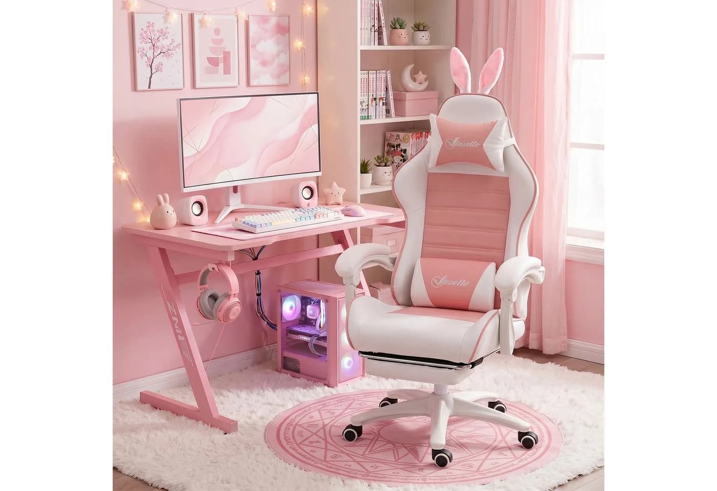 Vinsetto Gaming-Stuhl Rosa mit Fußstütze, Lendenwirbelstütze & Hasenohren - Bild 2
