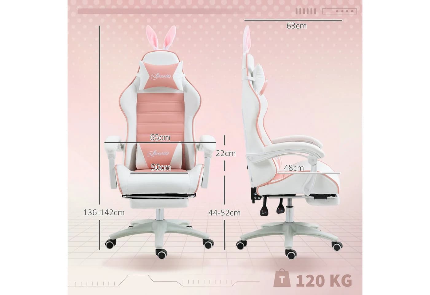 Vinsetto Gaming-Stuhl Rosa mit Fußstütze, Lendenwirbelstütze & Hasenohren - Bild 3