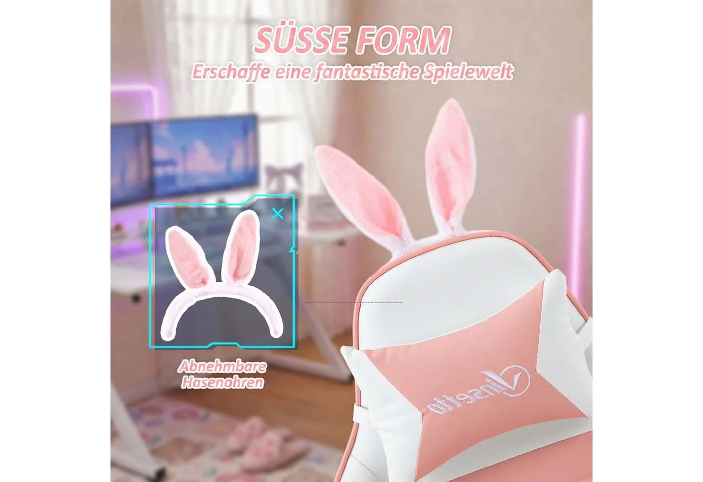 Vinsetto Gaming-Stuhl Rosa mit Fußstütze, Lendenwirbelstütze & Hasenohren - Bild 4