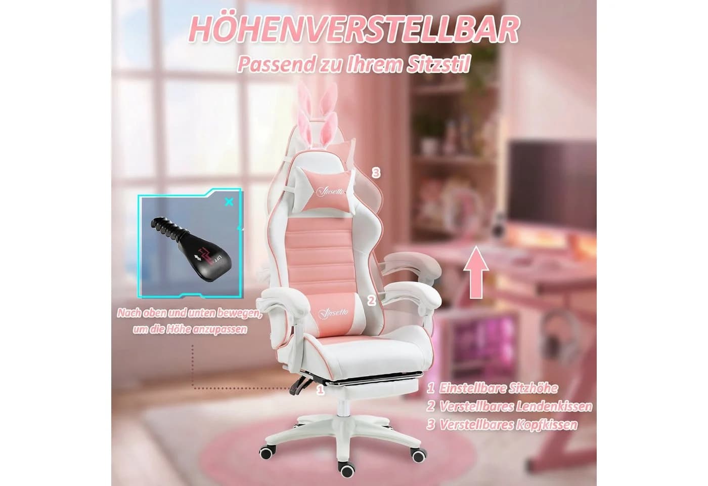 Vinsetto Gaming-Stuhl Rosa mit Fußstütze, Lendenwirbelstütze & Hasenohren - Bild 5