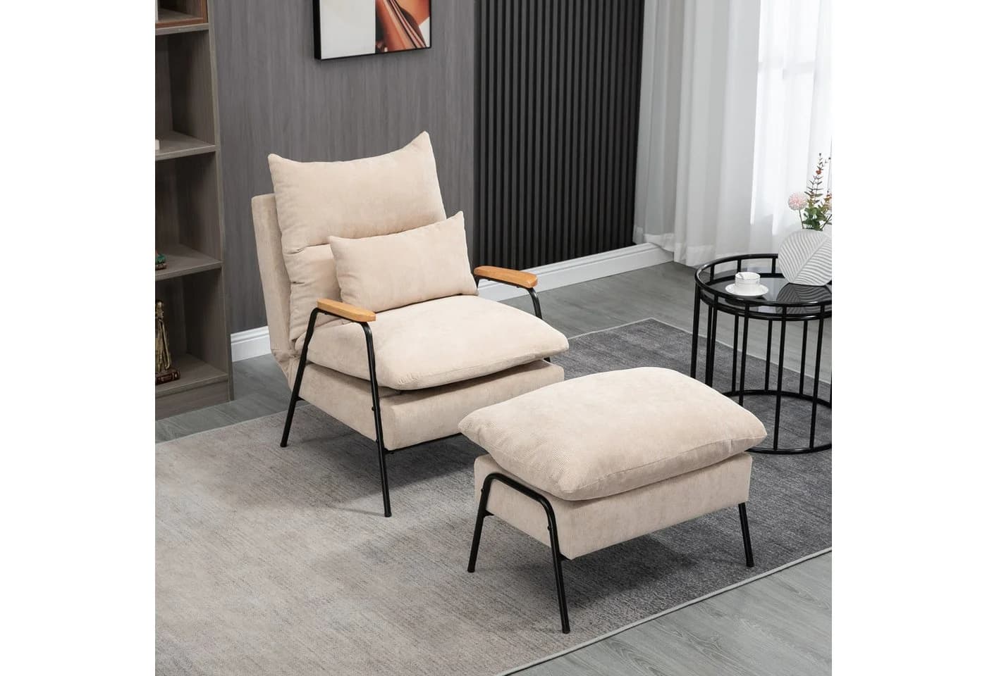 HOMCOM Relaxsessel mit Hocker Beige Liegefunktion Cord - Bild 2