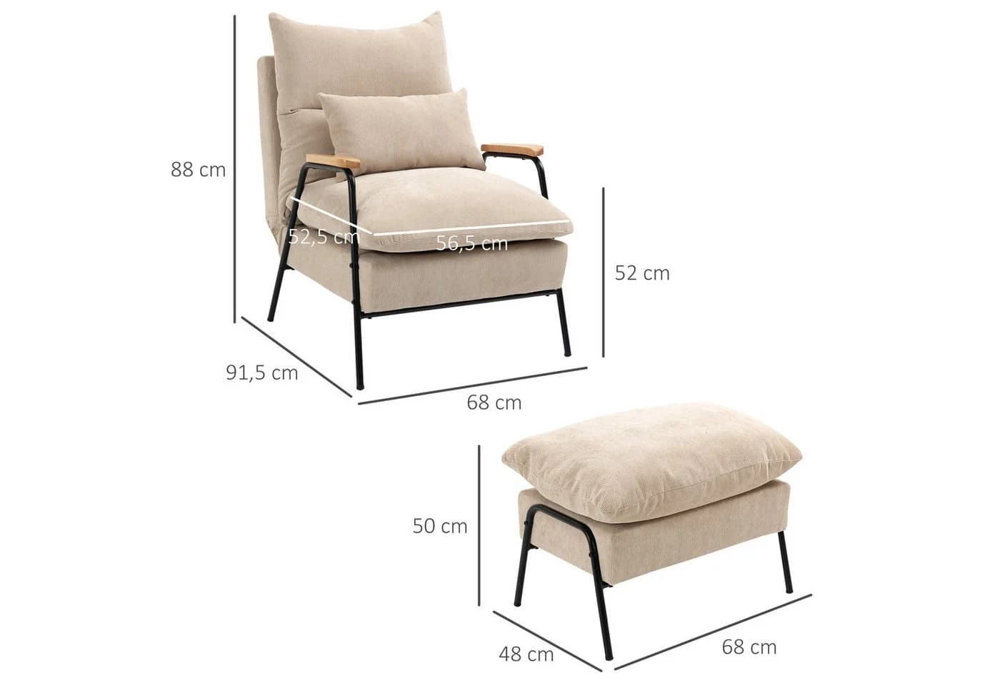HOMCOM Relaxsessel mit Hocker Beige Liegefunktion Cord - Bild 3