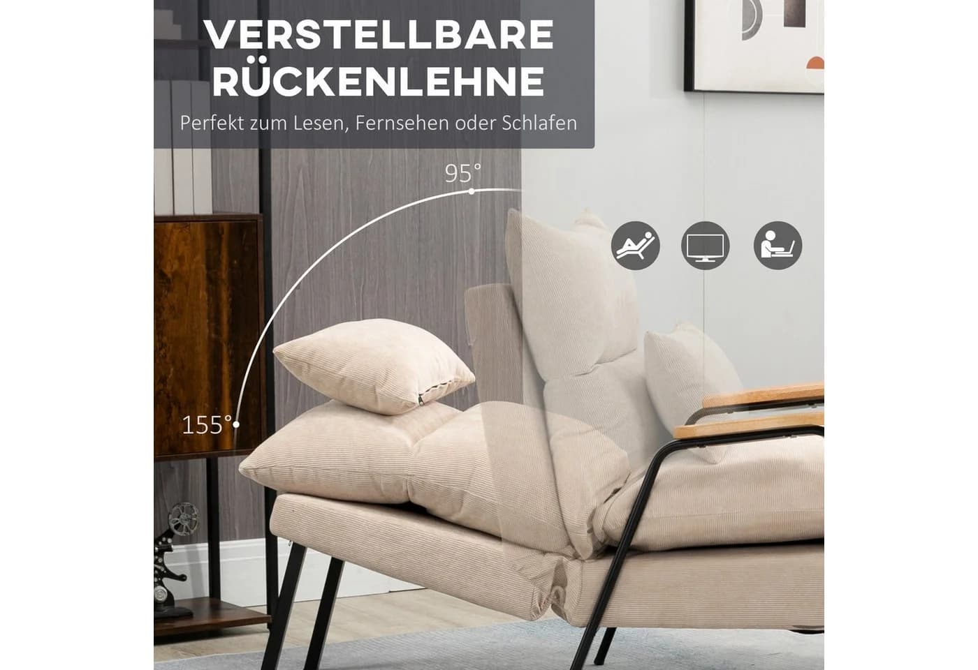 HOMCOM Relaxsessel mit Hocker Beige Liegefunktion Cord - Bild 4