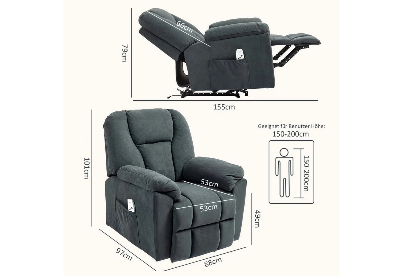 HOMCOM Relaxsessel Fernsehsessel mit Liegefunktion Wärmefunktion Massagesessel - Bild 3