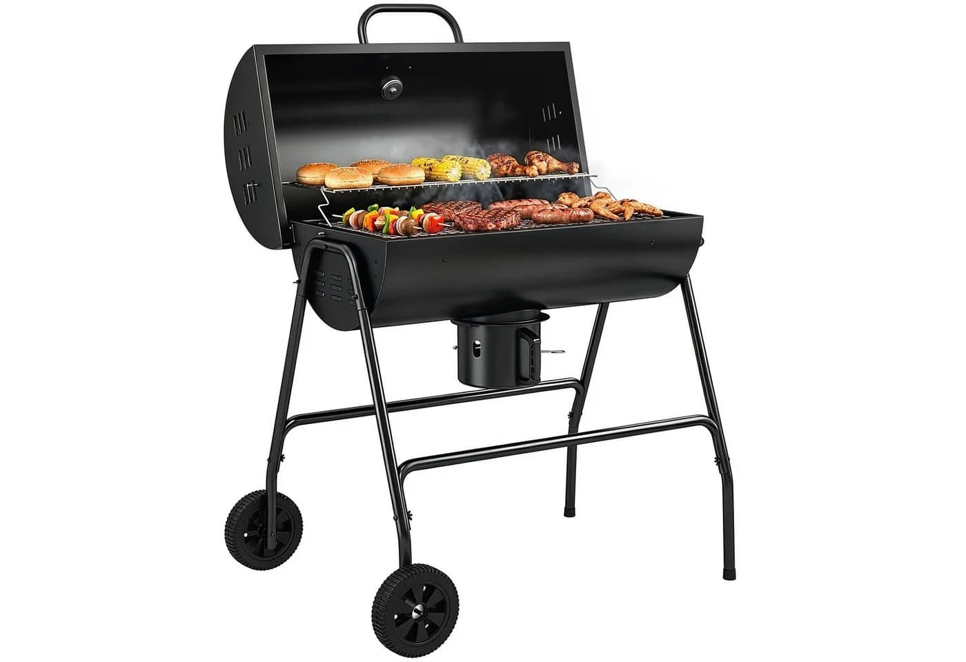 Outsunny Holzkohlegrill mit Deckel, Thermometer, Rädern, Schwarz