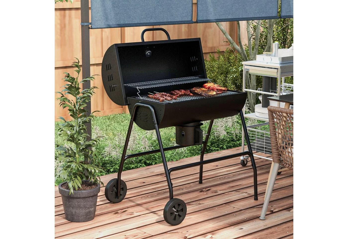 Outsunny Holzkohlegrill mit Deckel, Thermometer, Rädern, Schwarz - Bild 2