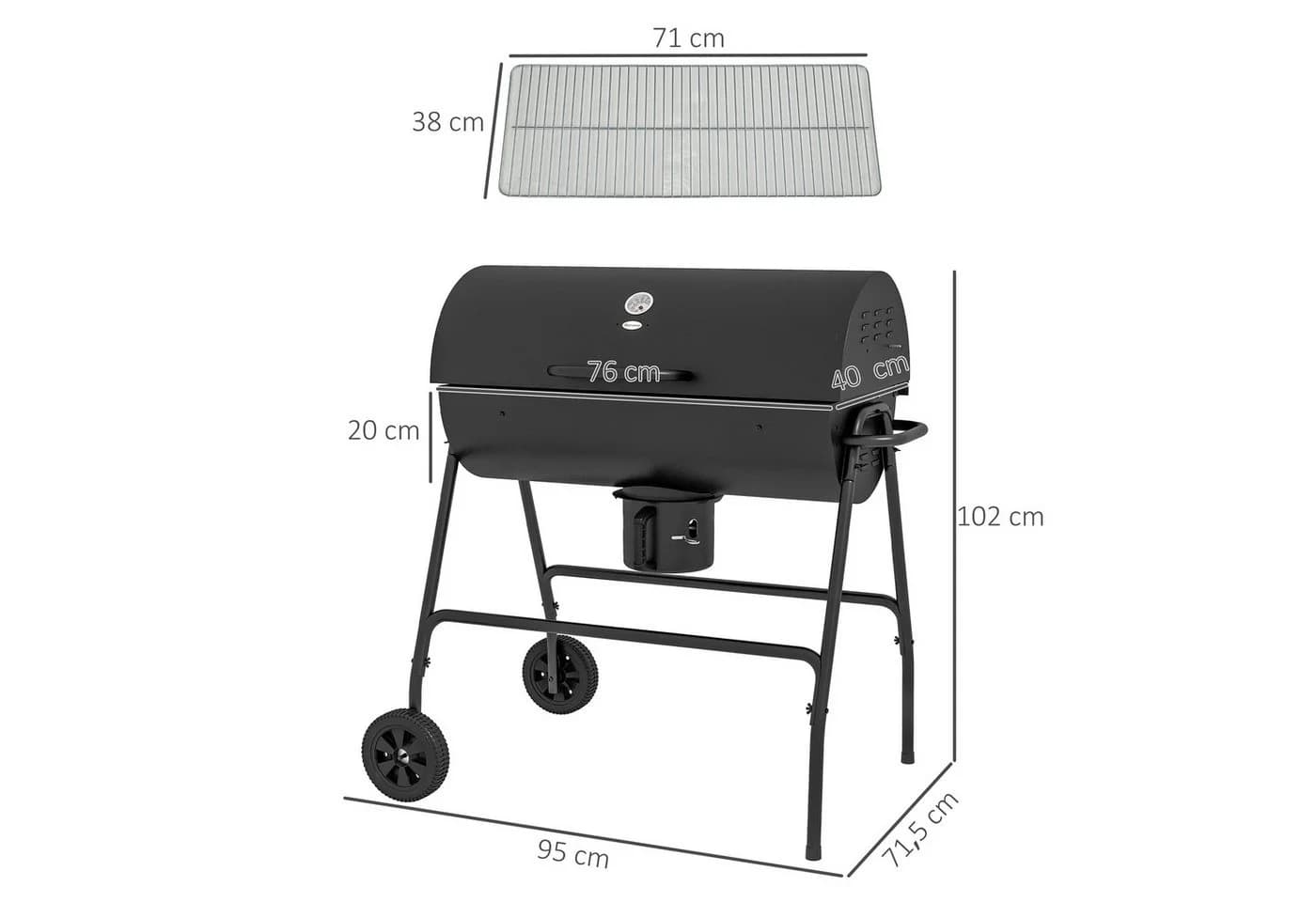 Outsunny Holzkohlegrill mit Deckel, Thermometer, Rädern, Schwarz - Bild 3