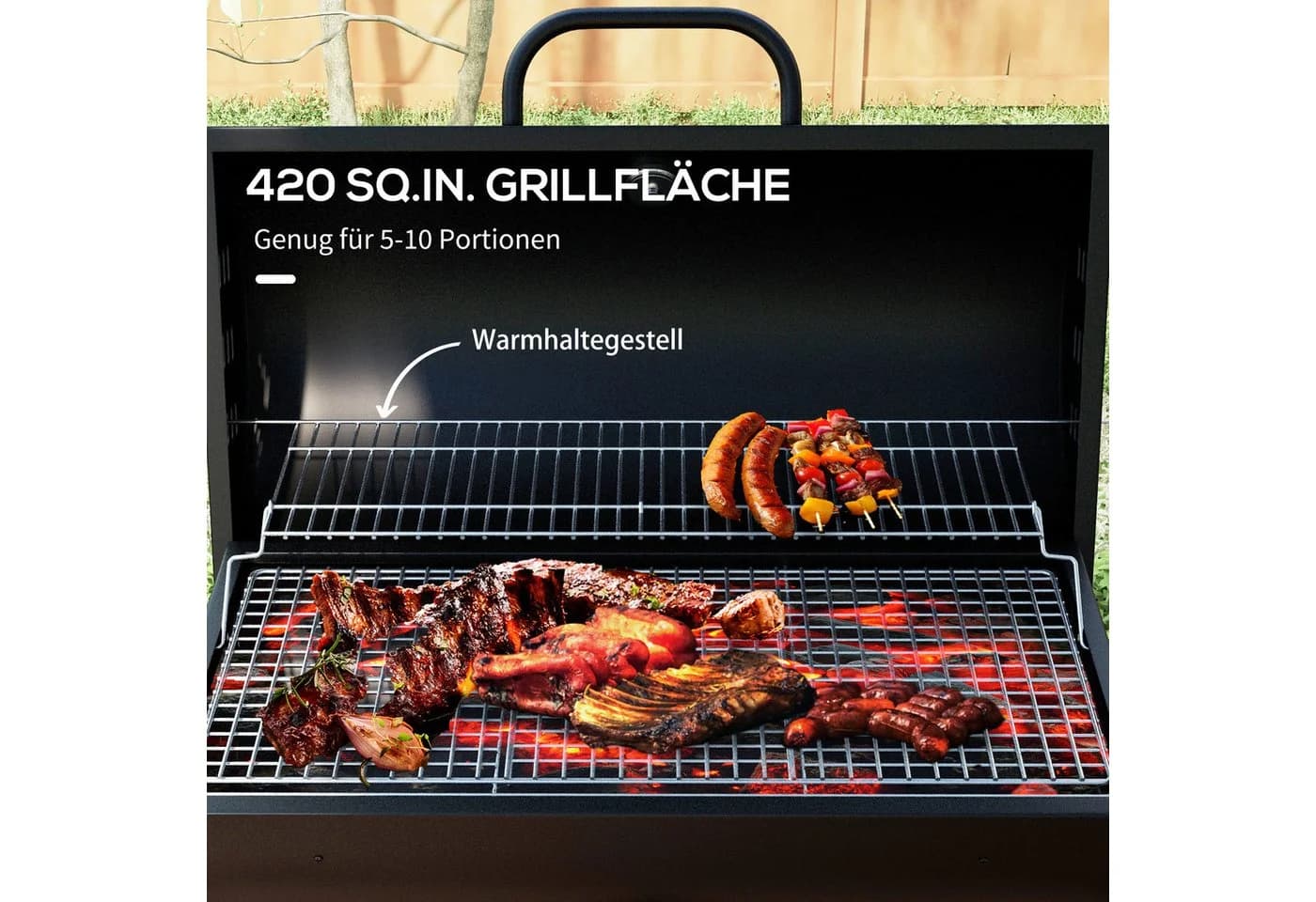 Outsunny Holzkohlegrill mit Deckel, Thermometer, Rädern, Schwarz - Bild 4
