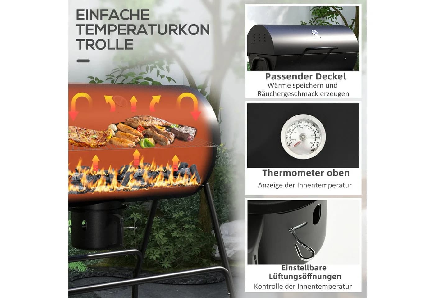 Outsunny Holzkohlegrill mit Deckel, Thermometer, Rädern, Schwarz - Bild 5