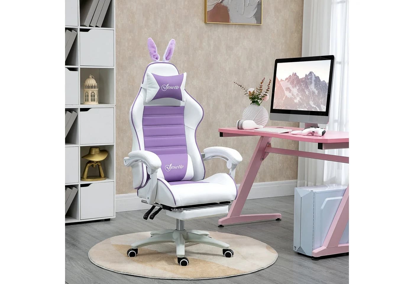 Vinsetto Gaming-Stuhl mit Lendenwirbelstütze, Fußstütze, Hasenohren, Kopfkissen, Violett - Bild 2