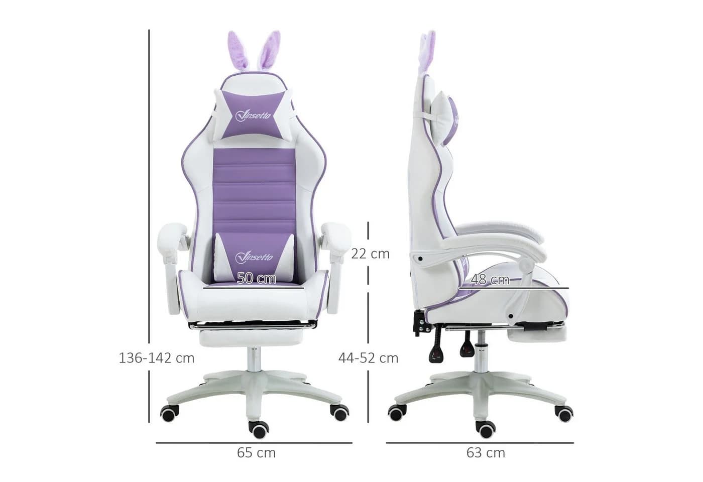 Vinsetto Gaming-Stuhl mit Lendenwirbelstütze, Fußstütze, Hasenohren, Kopfkissen, Violett - Bild 3