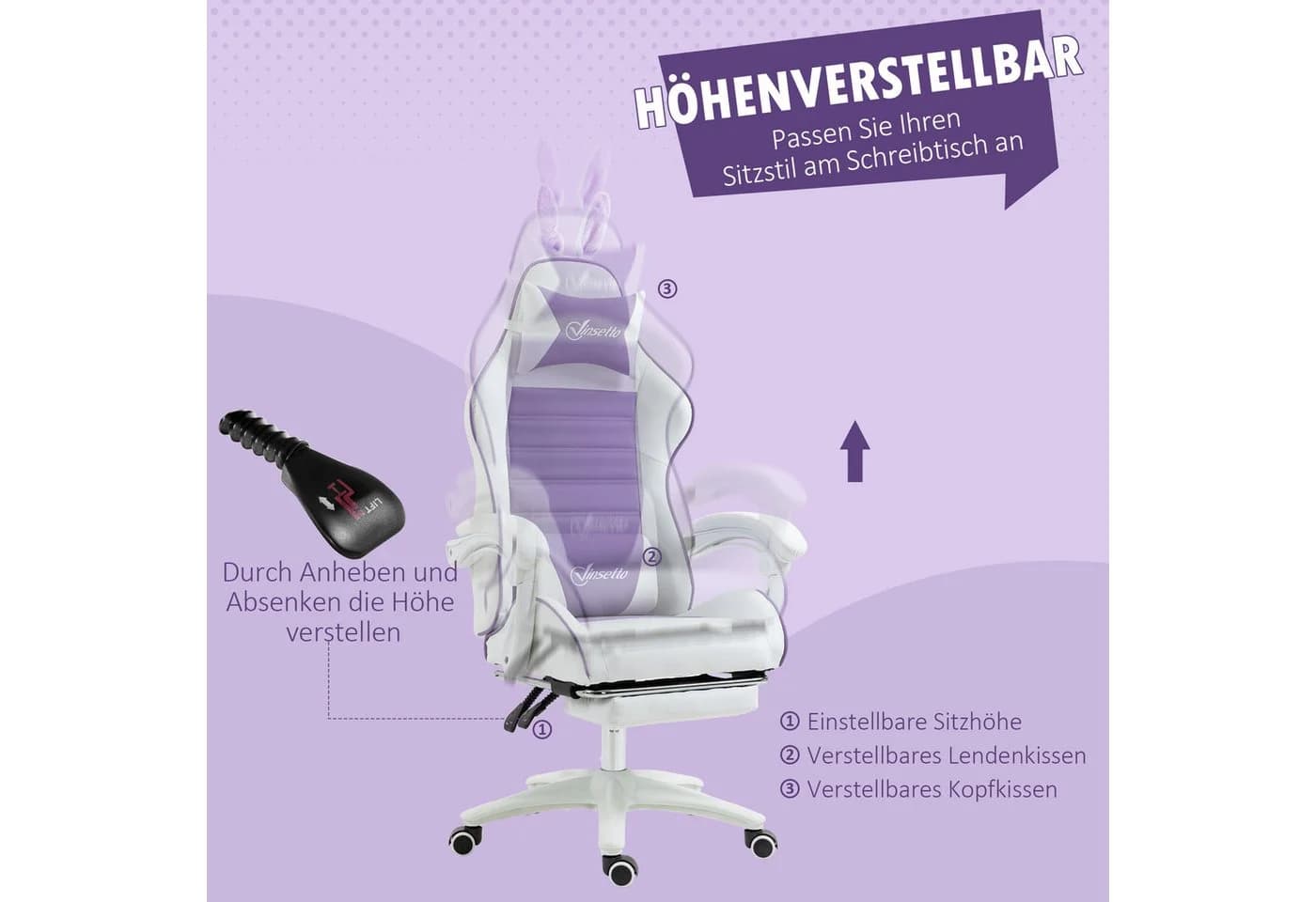 Vinsetto Gaming-Stuhl mit Lendenwirbelstütze, Fußstütze, Hasenohren, Kopfkissen, Violett - Bild 5