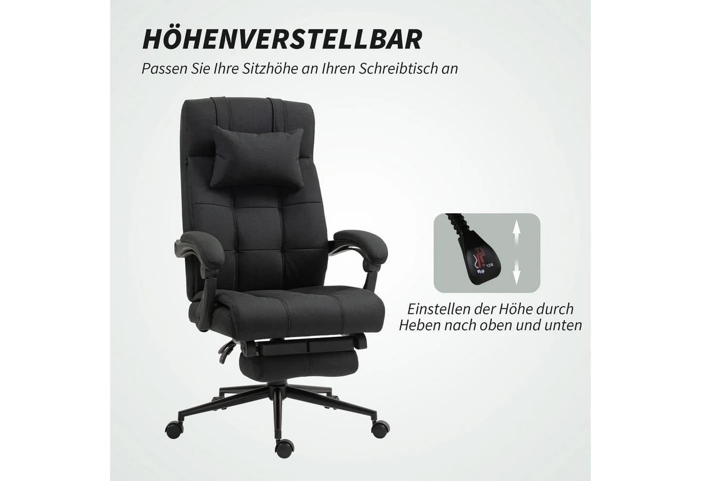 Vinsetto Schreibtischstuhl Bürostuhl mit Kopfkissen Armlehne, Stuhl mit Neigungswinkel, Schwarz - Bild 4