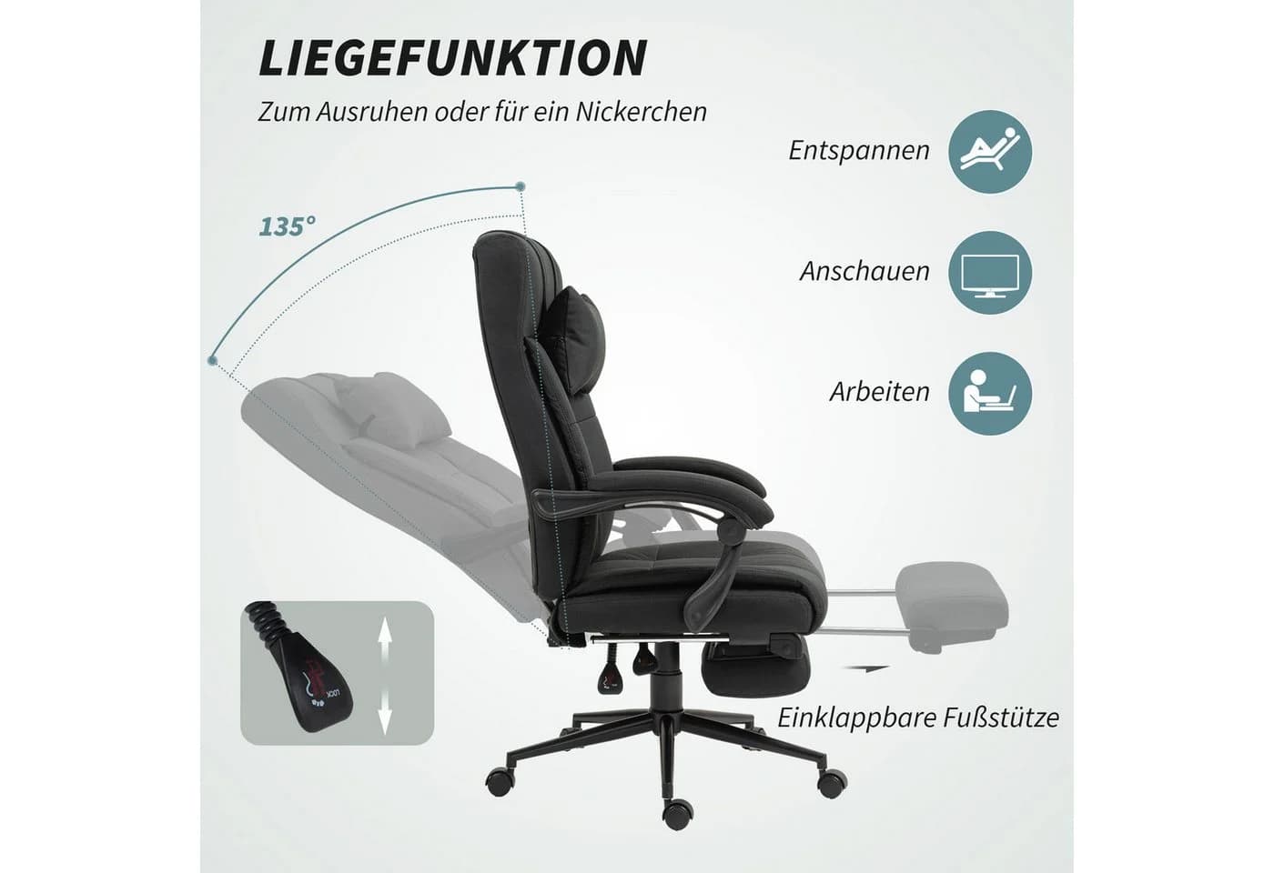 Vinsetto Schreibtischstuhl Bürostuhl mit Kopfkissen Armlehne, Stuhl mit Neigungswinkel, Schwarz - Bild 5