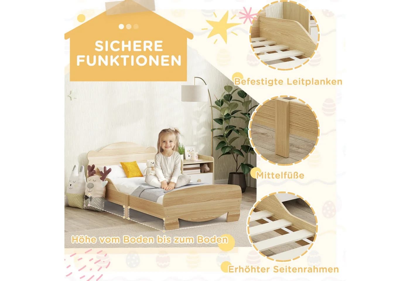 AIYAPLAY Kinderbett Bären-Design mit Schutzgitter Naturholz - Bild 4