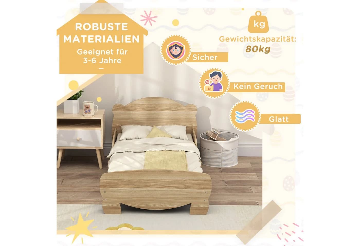 AIYAPLAY Kinderbett Bären-Design mit Schutzgitter Naturholz - Bild 5