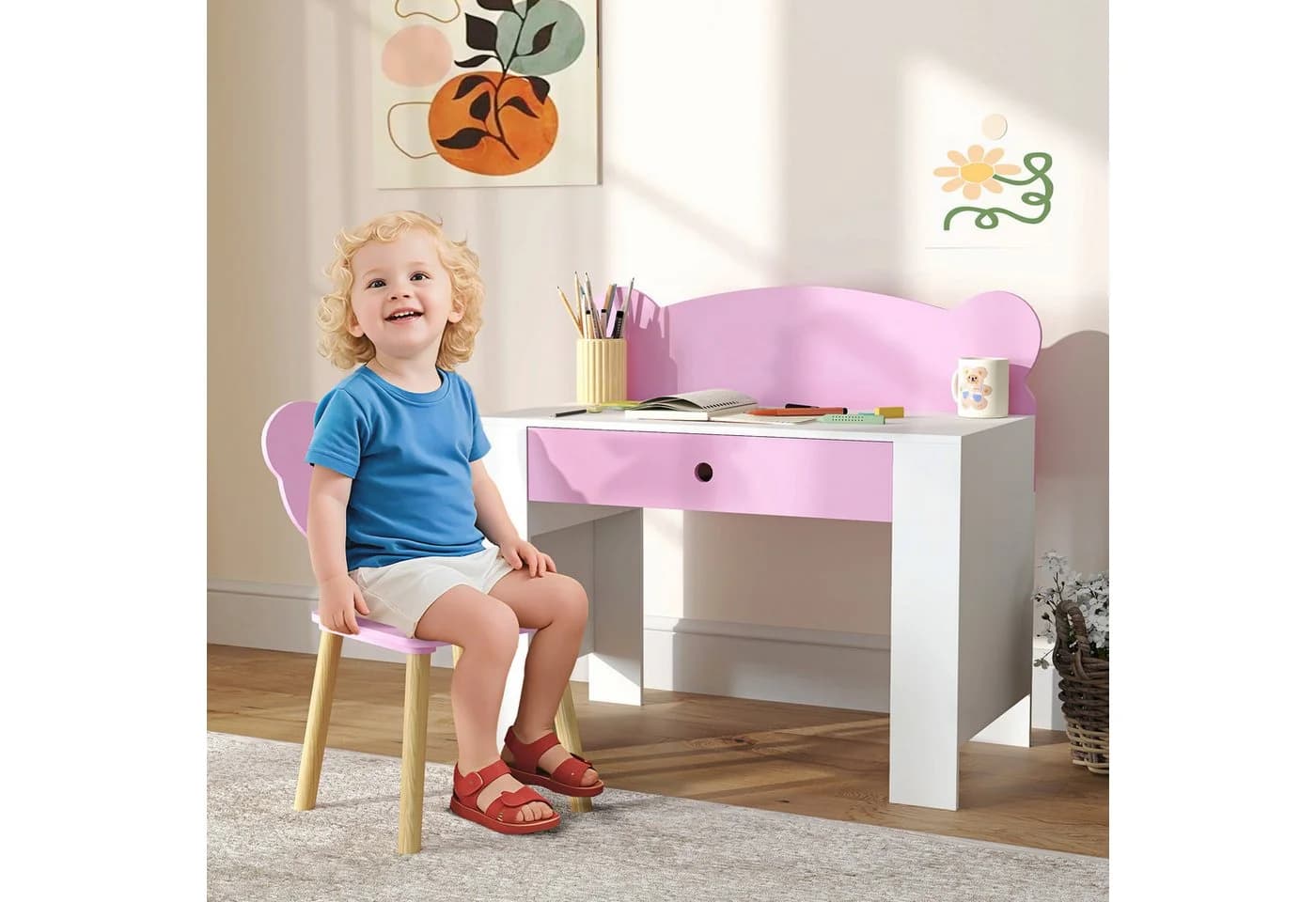 AIYAPLAY Kinderschreibtisch Set Bärenform Rosa Weiß mit Schublade - Bild 2