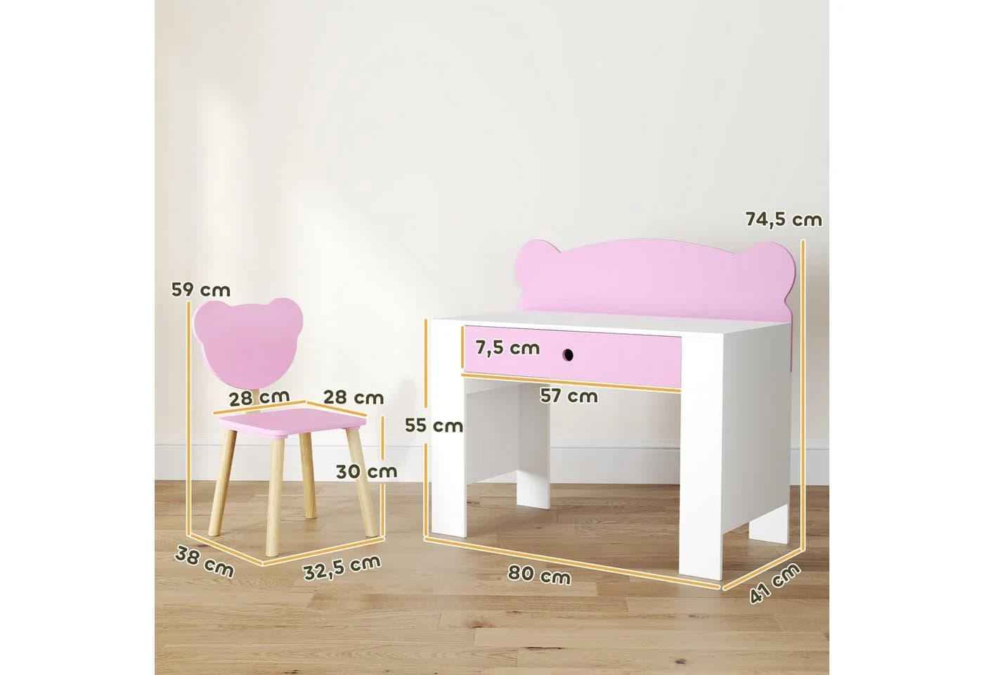 AIYAPLAY Kinderschreibtisch Set Bärenform Rosa Weiß mit Schublade - Bild 3