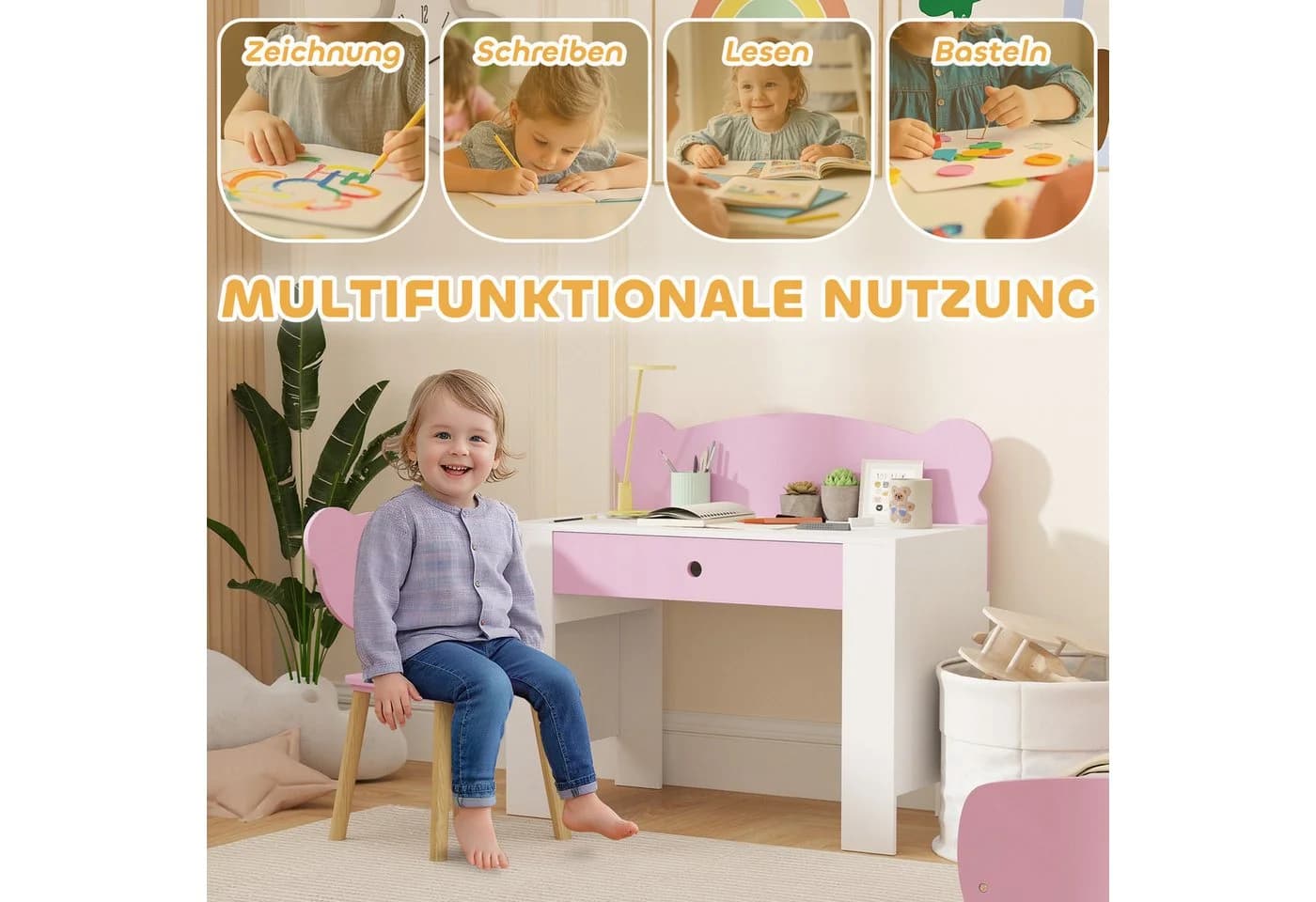 AIYAPLAY Kinderschreibtisch Set Bärenform Rosa Weiß mit Schublade - Bild 4