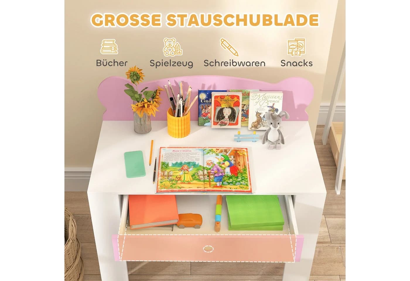 AIYAPLAY Kinderschreibtisch Set Bärenform Rosa Weiß mit Schublade - Bild 5