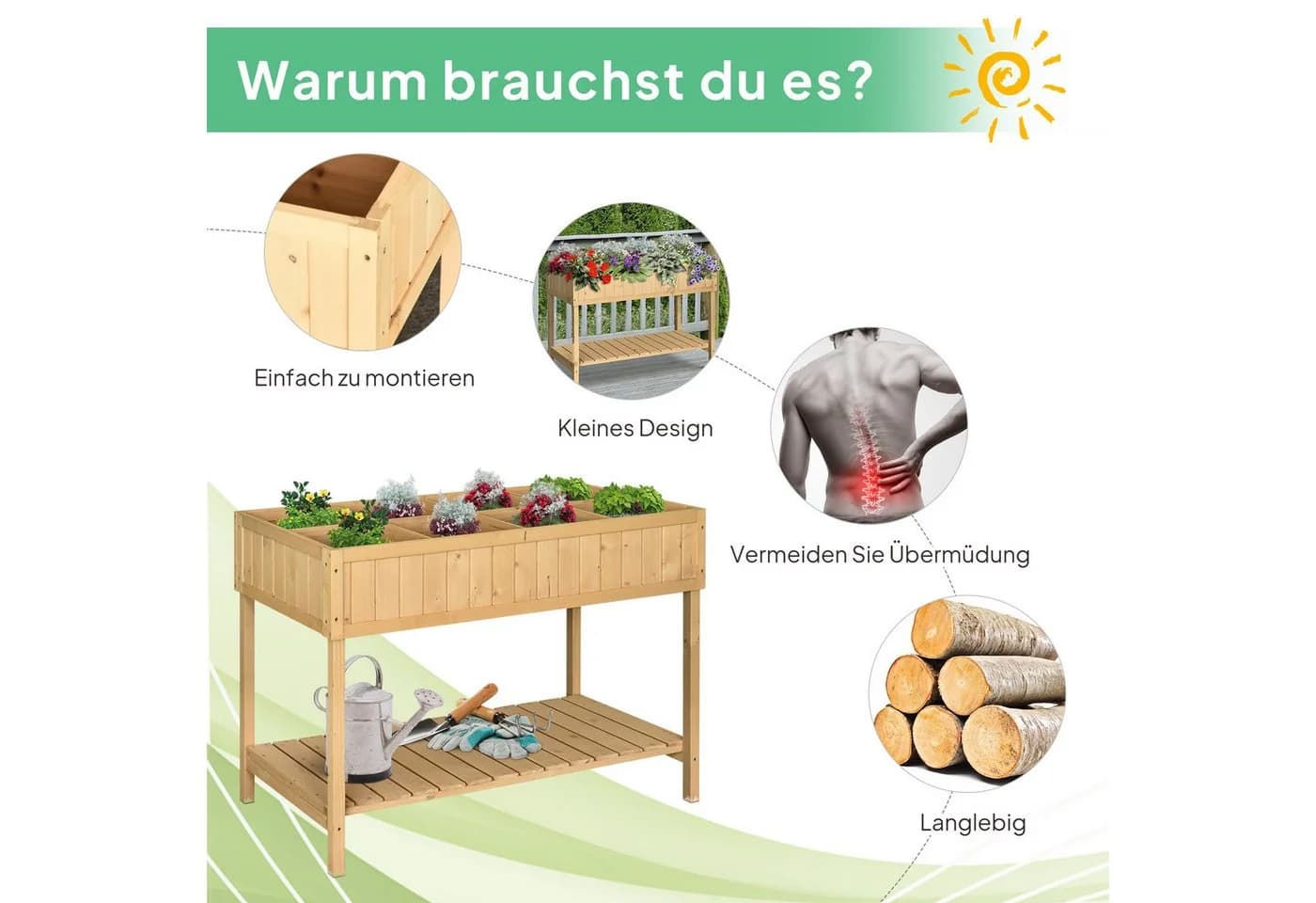 Outsunny Hochbeet 8 Fächer Tannenholz mit Abfluss und Ablage - Bild 4