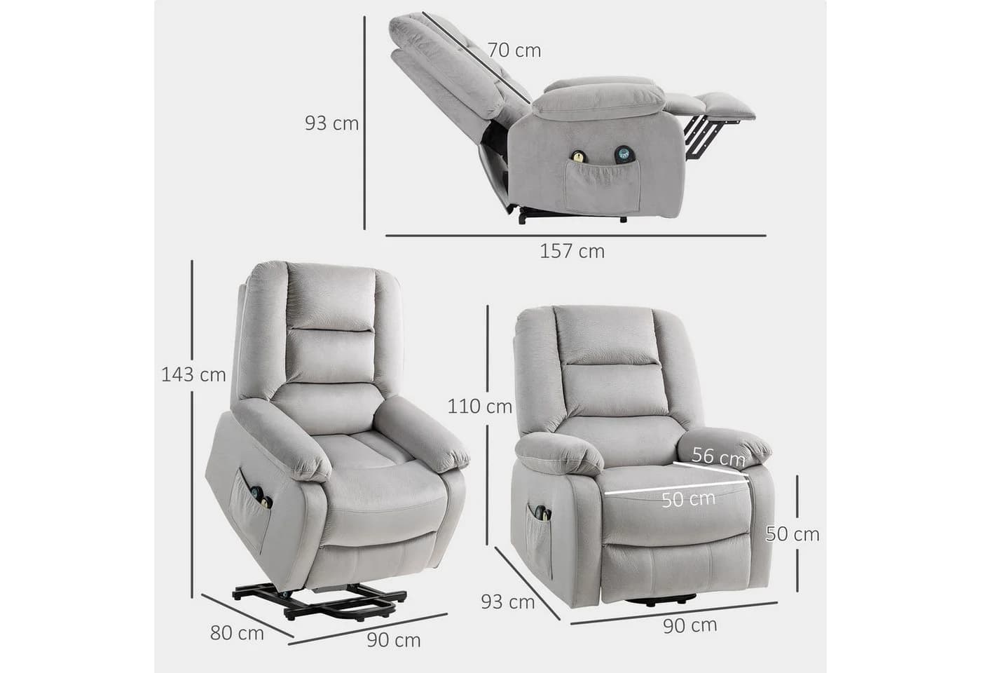 HOMCOM Relaxsessel Fernsehsessel Hellgrau mit Aufstehhilfe und Massagefunktion - Bild 3