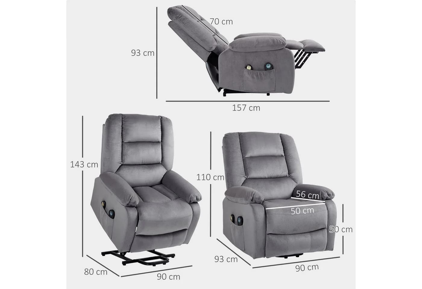 HOMCOM Relaxsessel Fernsehsessel mit Aufstehhilfe und Massagefunktion Dunkelgrau - Bild 3