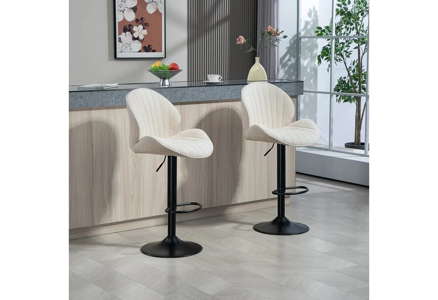 HOMCOM Barhocker 2er Set Höhenverstellbar Beige Schwarz - Bild 2