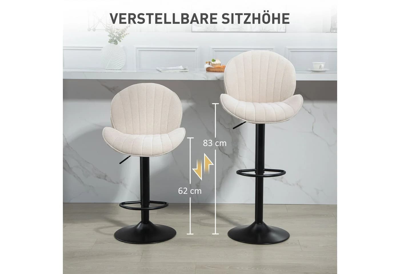 HOMCOM Barhocker 2er Set Höhenverstellbar Beige Schwarz - Bild 5