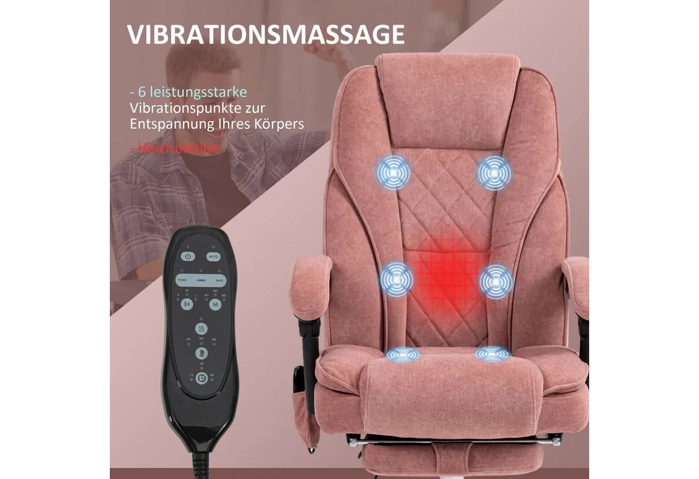Vinsetto Massage Bürostuhl Rosa mit Heizung & Liegefunktion - Bild 4