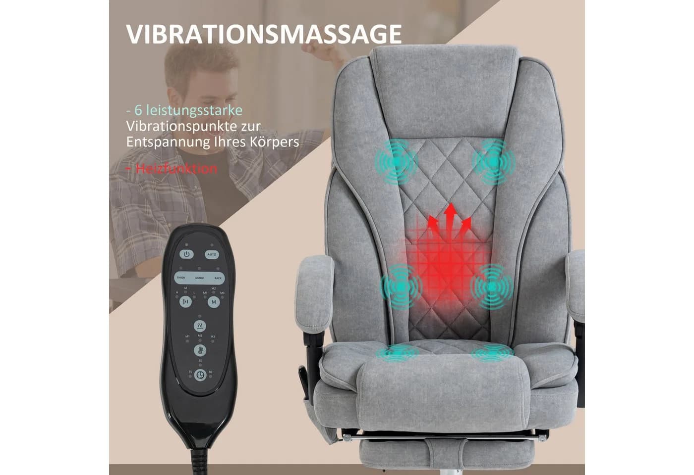 Vinsetto Massage Bürostuhl Grau mit Heizfunktion und Fußstütze - Bild 4