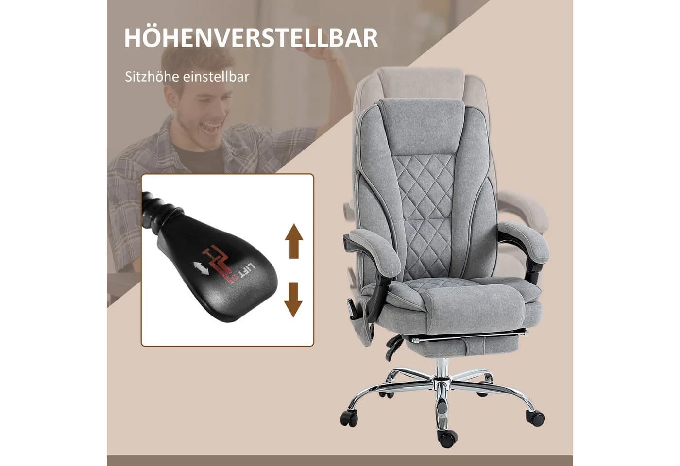 Vinsetto Massage Bürostuhl Grau mit Heizfunktion und Fußstütze - Bild 5