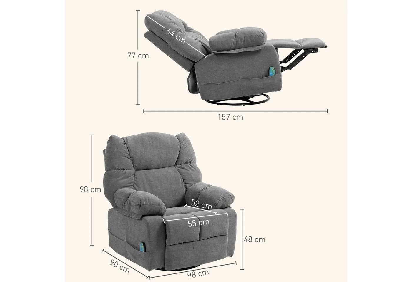 HOMCOM Massagesessel Relaxsessel mit Massagefunktion, Fernsehsessel mit Wärmefunktion, Liegefunktion, TV Sessel mit Seitentaschen, Fernbedienung, 98 x 90 x 98 cm, Dunkelgrau - Bild 3
