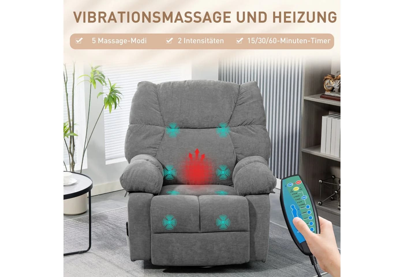 HOMCOM Massagesessel Relaxsessel mit Massagefunktion, Fernsehsessel mit Wärmefunktion, Liegefunktion, TV Sessel mit Seitentaschen, Fernbedienung, 98 x 90 x 98 cm, Dunkelgrau - Bild 4