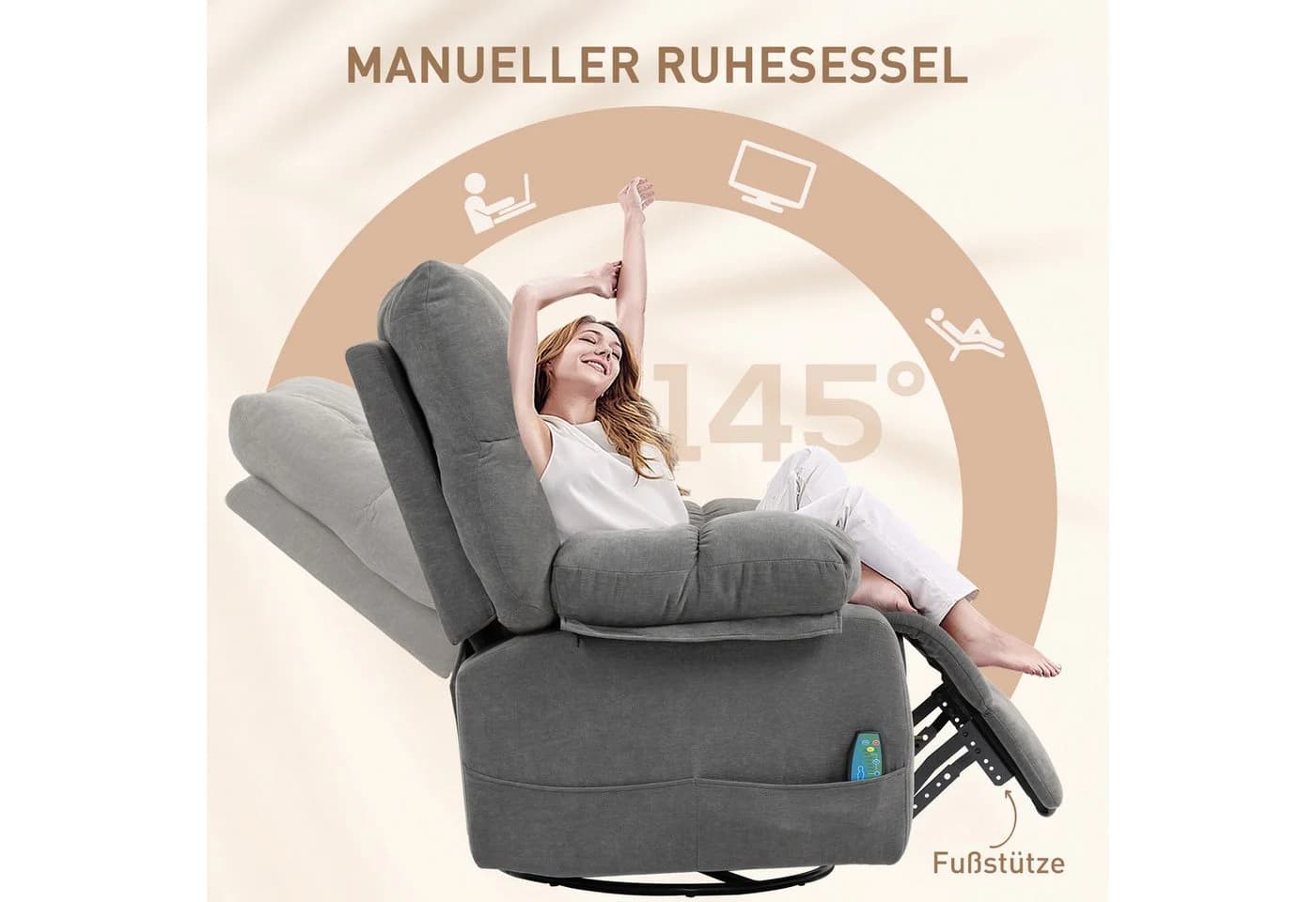 HOMCOM Massagesessel Relaxsessel mit Massagefunktion, Fernsehsessel mit Wärmefunktion, Liegefunktion, TV Sessel mit Seitentaschen, Fernbedienung, 98 x 90 x 98 cm, Dunkelgrau - Bild 5