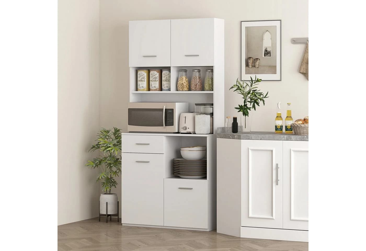 HOMCOM Küchenbuffet Hochschrank Weiß mit Soft-Close-Tür - Bild 2