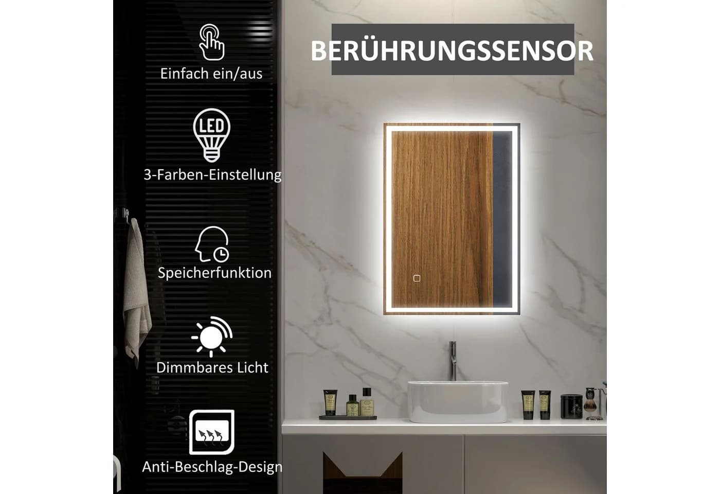 HOMCOM LED Badspiegel Silber mit Touchschalter und Entnebelung - Bild 4