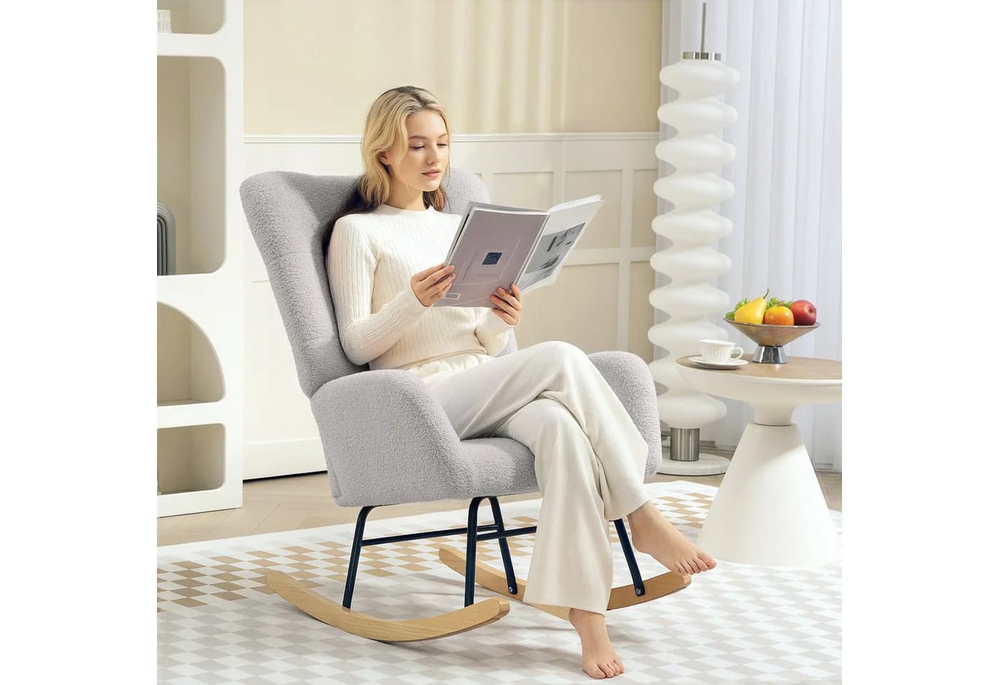 HOMCOM Schaukelstuhl Grau Teddysamt mit Armlehne Relaxsessel - Bild 2