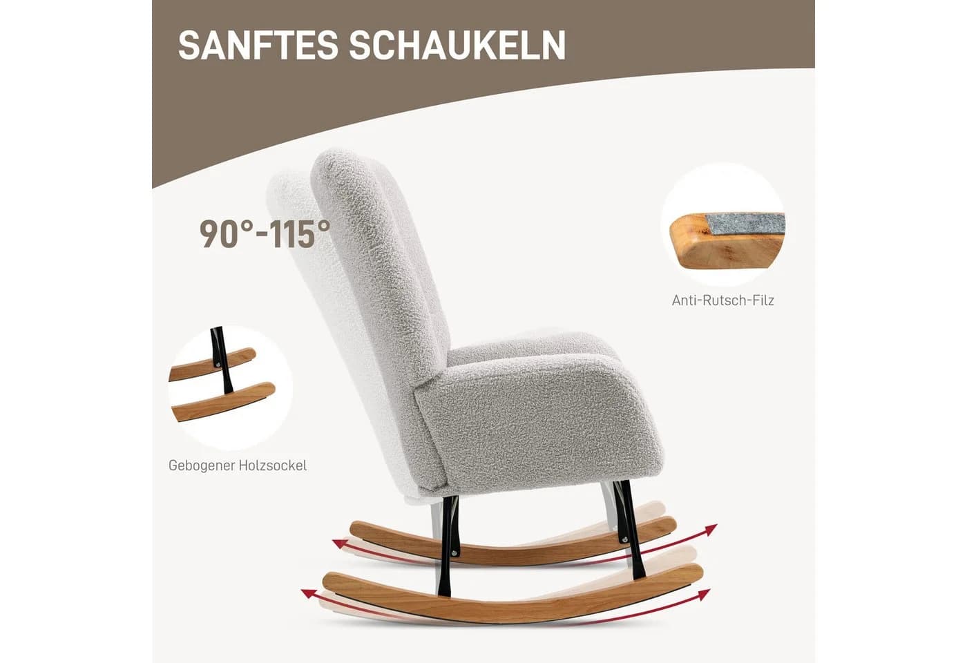 HOMCOM Schaukelstuhl Grau Teddysamt mit Armlehne Relaxsessel - Bild 4