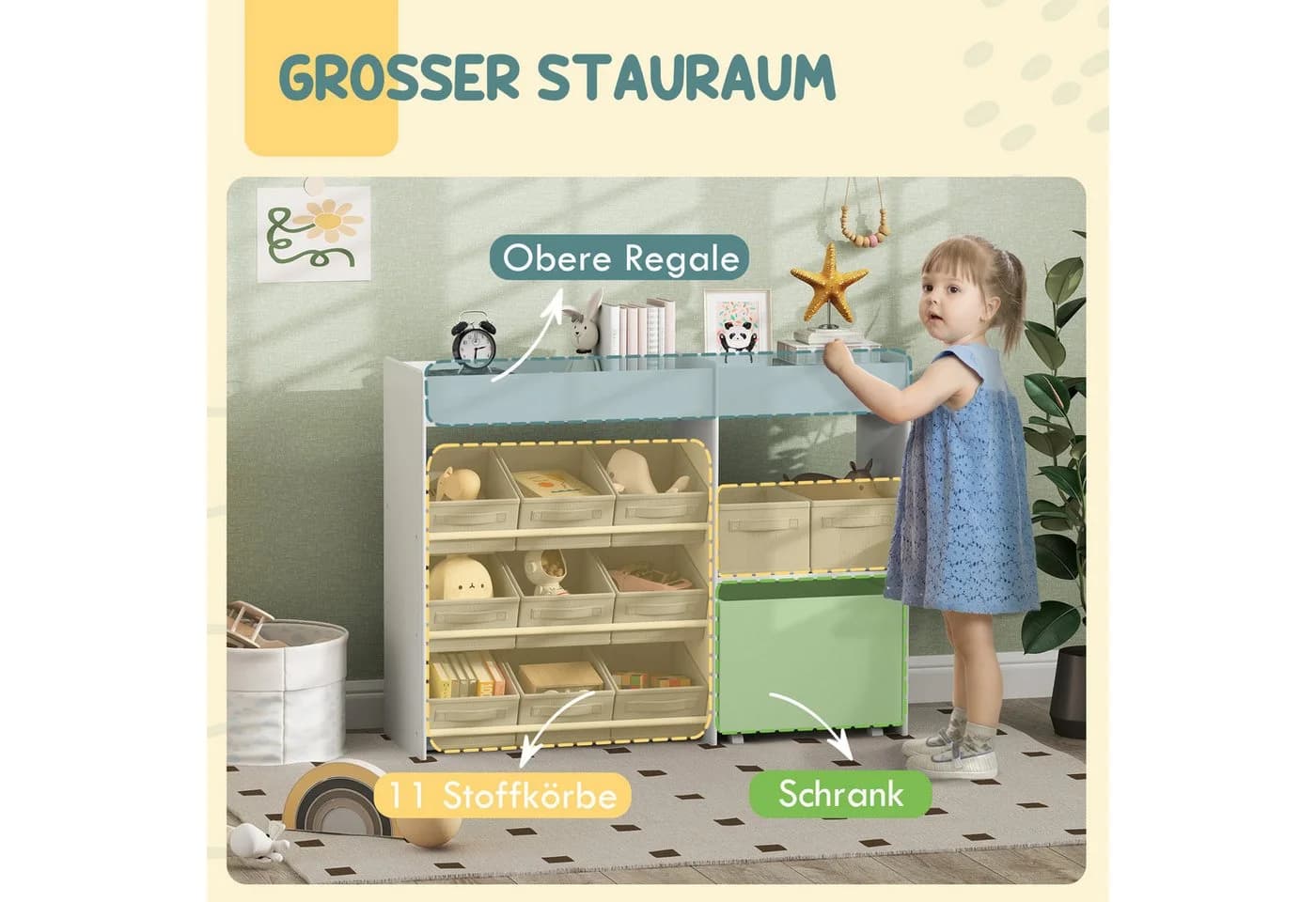 AIYAPLAY Spielzeugtruhe Spielzeugregal mit 11 Stoffboxen, oberen Fächern, 3 Stickern - Bild 4