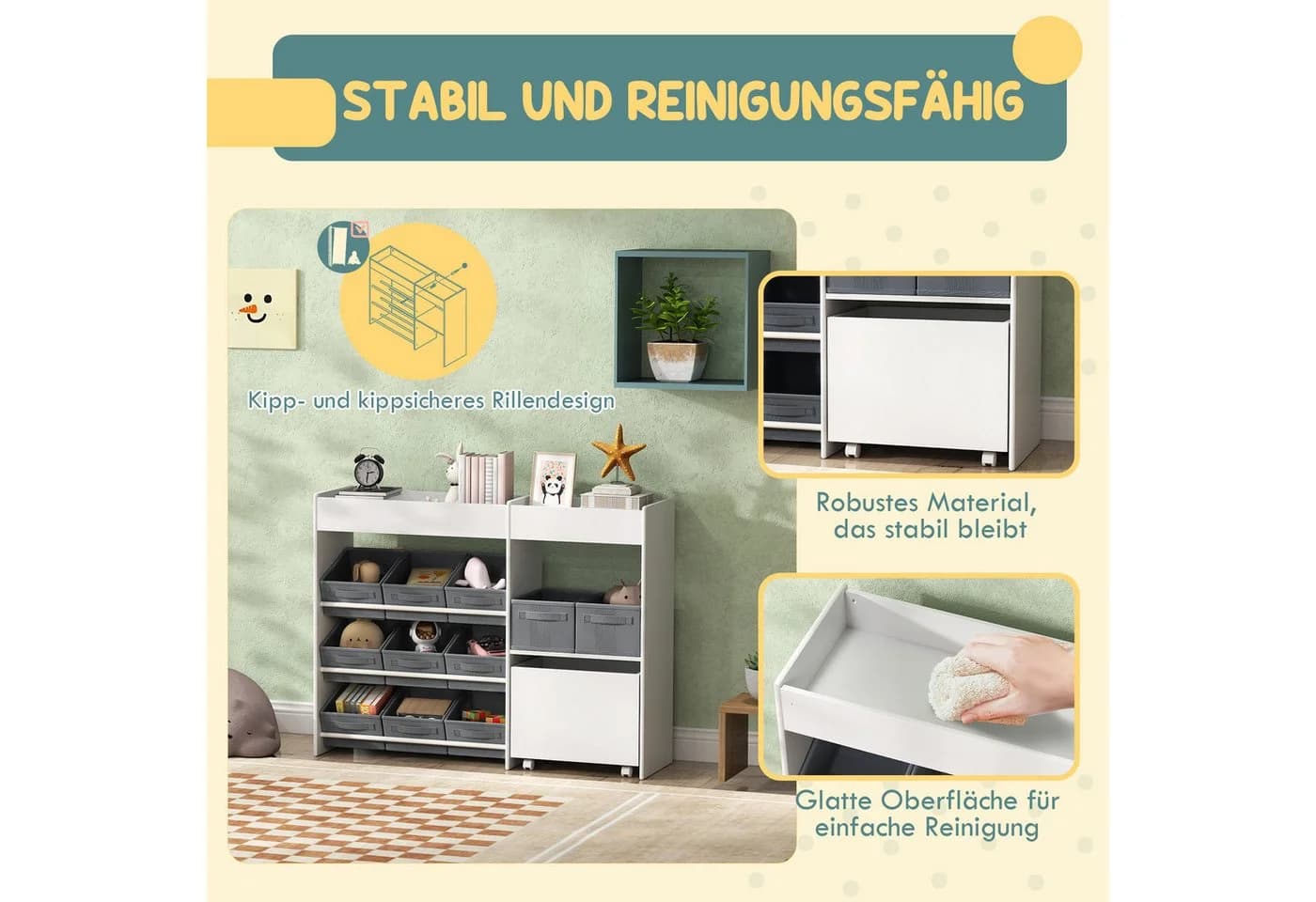 AIYAPLAY Spielzeugtruhe Spielzeugregal mit 11 Stoffboxen, oberen Fächern, 3 Stickern - Bild 5