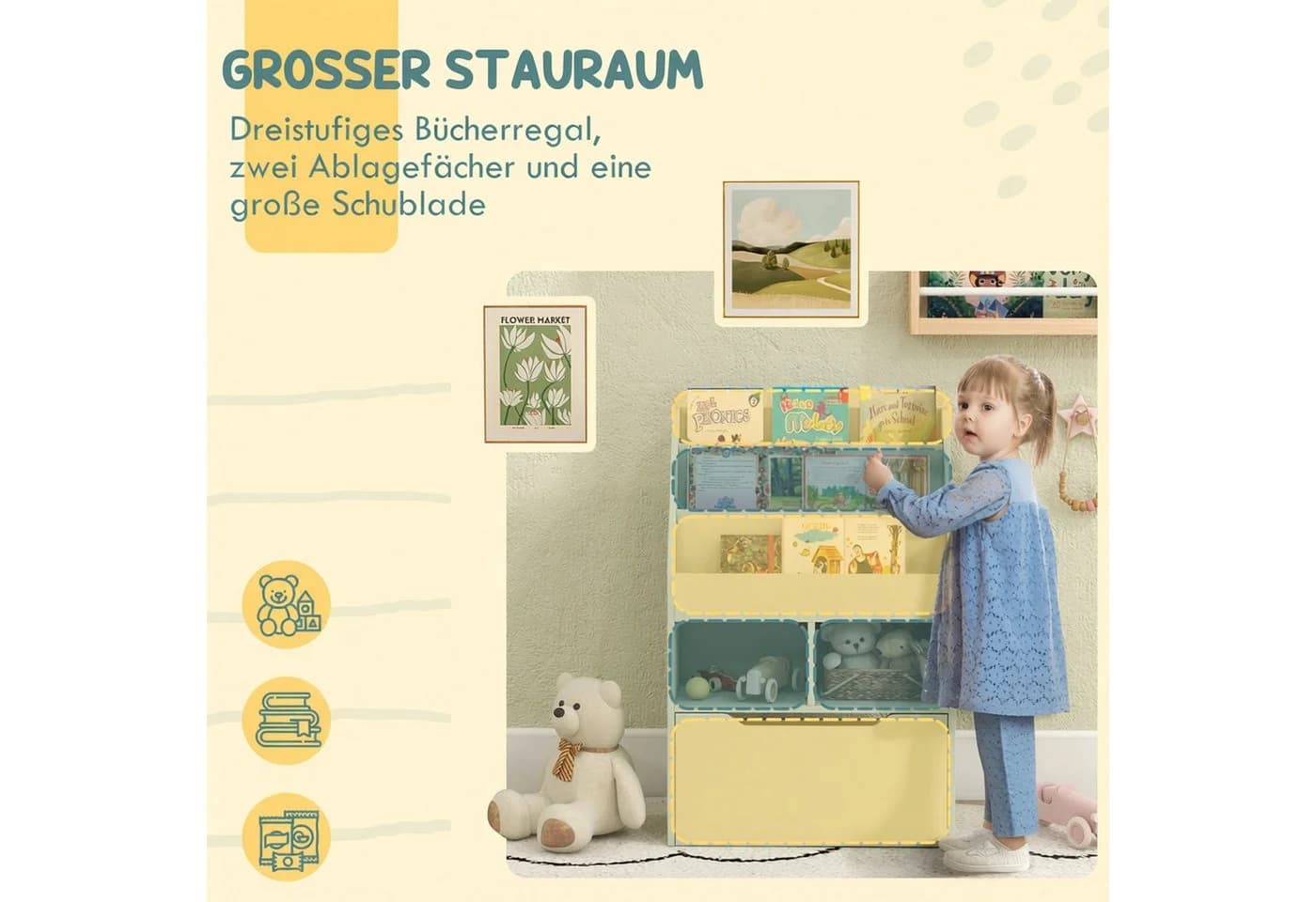 HOMCOM Kinderregal mit Schublade, 3 Ablagefächern und 2 offenen Fächern, Hellgrün - Bild 4