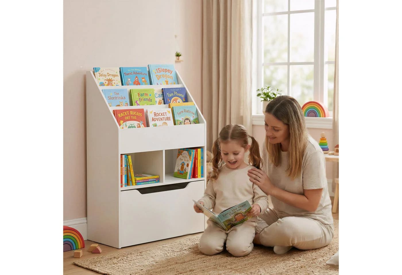 HOMCOM Kinderregal mit Schublade, 3 Ablagefächer und 2 offene Fächer, Aufbewahrungsregal 1-tlg., für Kinderzimmer, Spielzimmer, Weiß