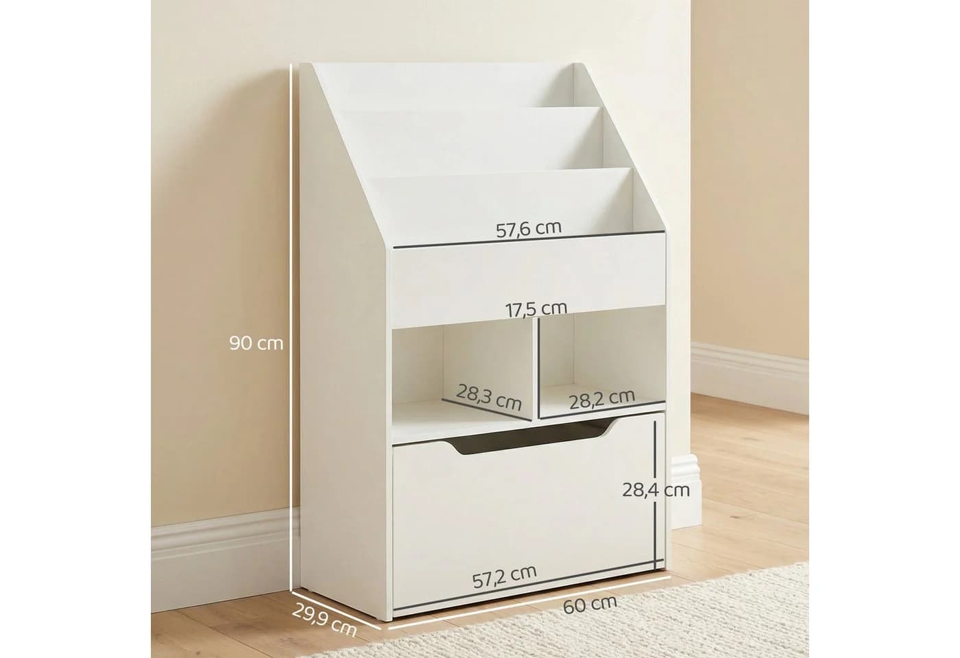 HOMCOM Kinderregal mit Schublade, 3 Ablagefächer und 2 offene Fächer, Aufbewahrungsregal 1-tlg., für Kinderzimmer, Spielzimmer, Weiß - Bild 3