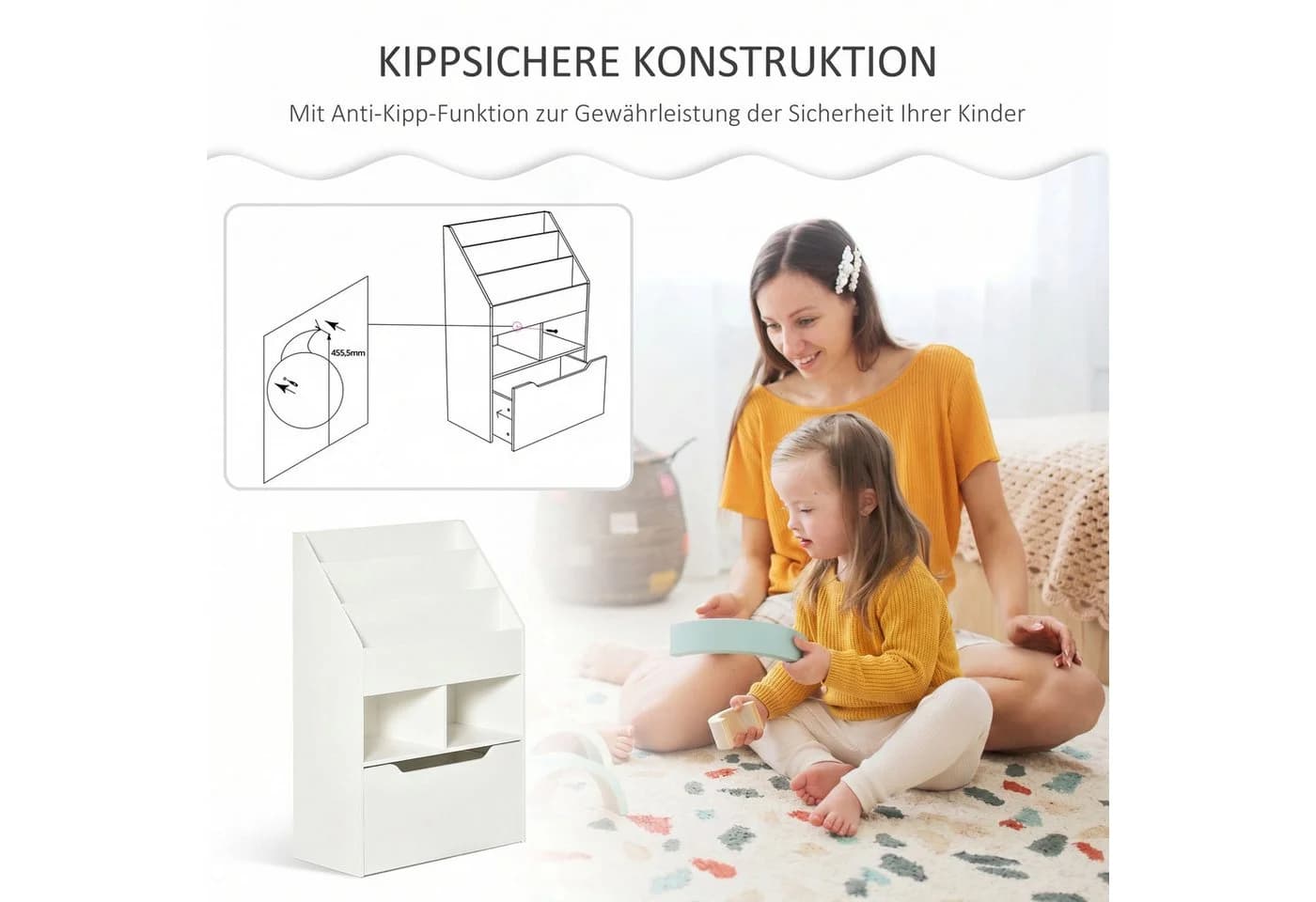 HOMCOM Kinderregal mit Schublade, 3 Ablagefächer und 2 offene Fächer, Aufbewahrungsregal 1-tlg., für Kinderzimmer, Spielzimmer, Weiß - Bild 4